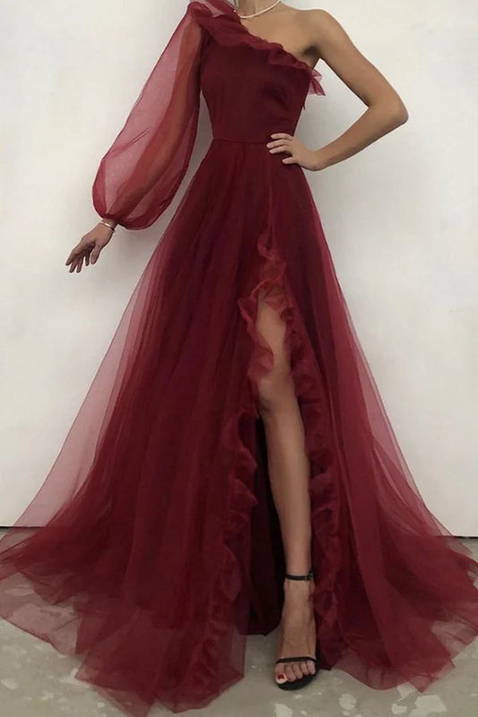 Burgundy Tulle One Shoulder Prom Dress A-Line Evening Dress with Slit