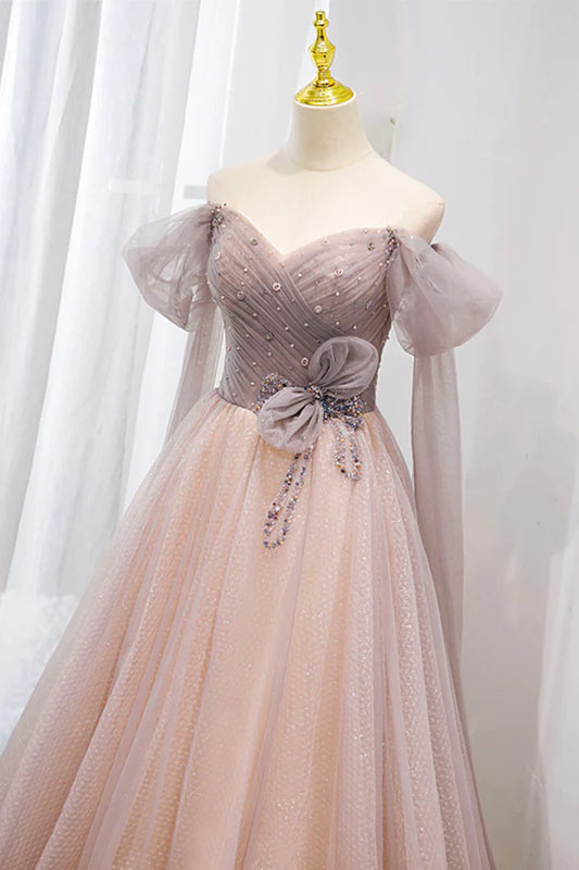 Pink Tulle Off the Shoulder Prom Dress with Beaded A-Line Formal Evening Dress