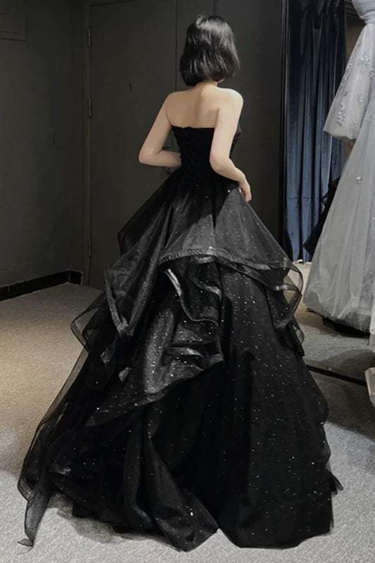 Black Tulle Layers Long A-Line Prom Dress Black Strapless Evening Dress