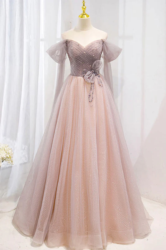 Pink Tulle Off the Shoulder Prom Dress with Beaded A-Line Formal Evening Dress