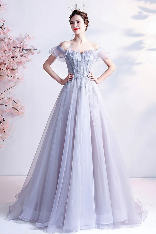 Gray Tulle Off the Shoulder Long Prom Dress A-Line Evening Party Dress