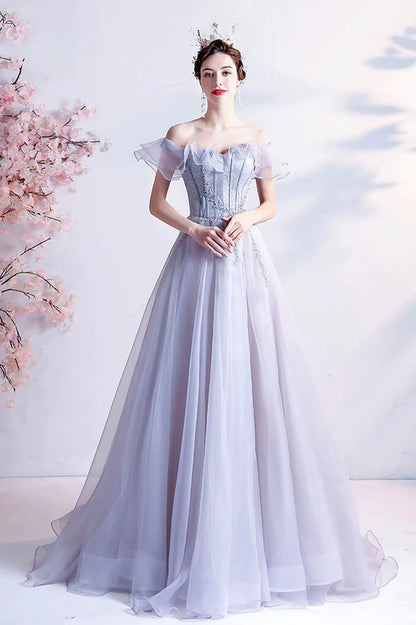 Gray Tulle Off the Shoulder Long Prom Dress A-Line Evening Party Dress