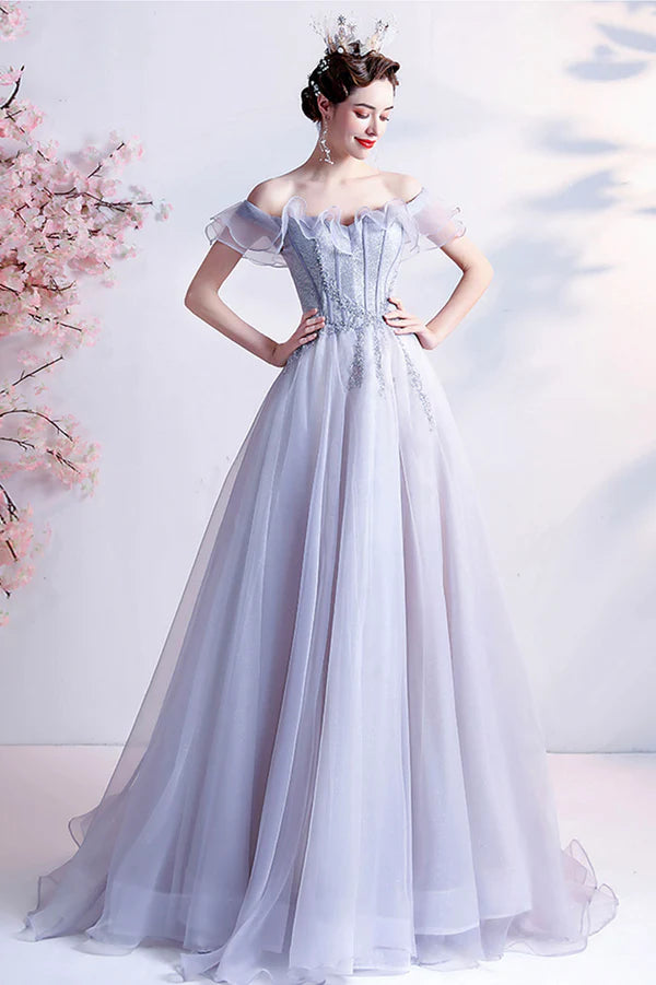 Gray Tulle Off the Shoulder Long Prom Dress A-Line Evening Party Dress