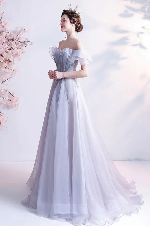 Gray Tulle Off the Shoulder Long Prom Dress A-Line Evening Party Dress