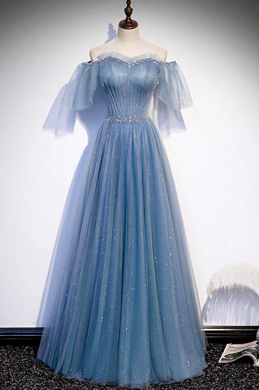 Blue Tulle Long A-Line Prom Dress Off the Shoulder Evening Party Dress