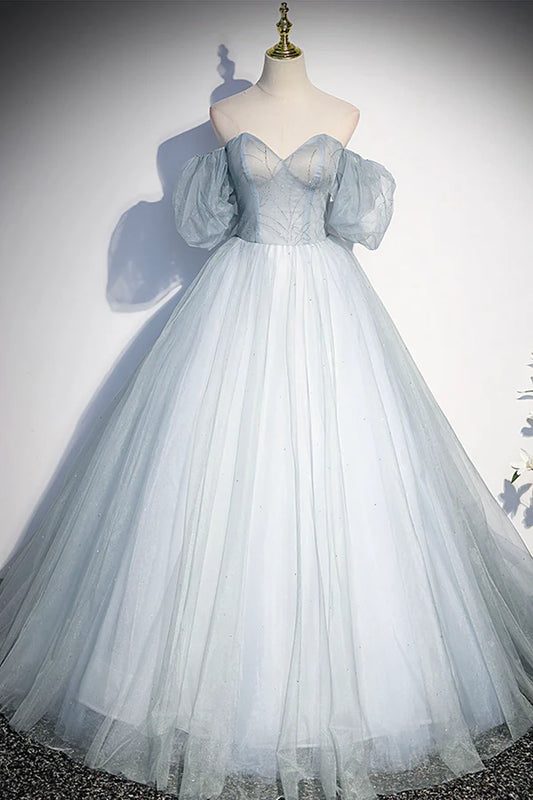 Blue Tulle Long A-Line Ball Gown Off the Shoulder Formal Evening Dress