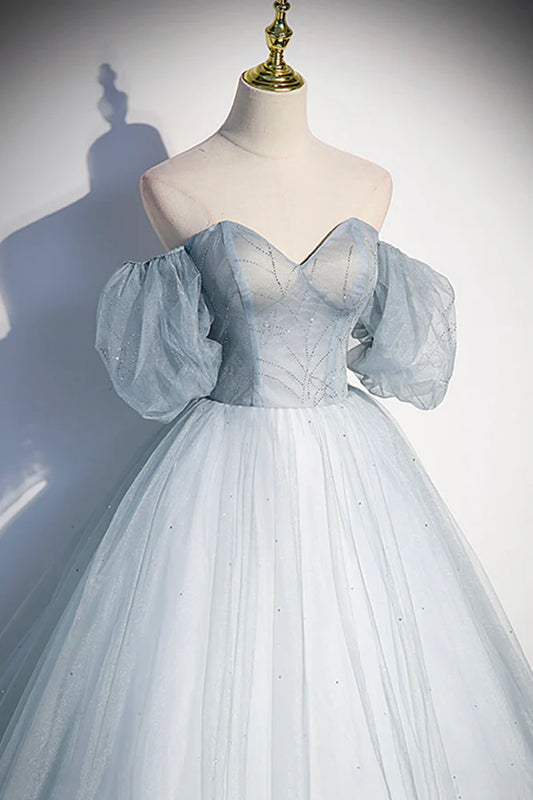 Blue Tulle Long A-Line Ball Gown Off the Shoulder Formal Evening Dress