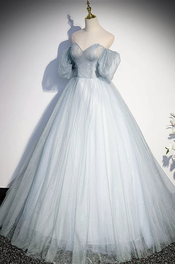 Blue Tulle Long A-Line Ball Gown Off the Shoulder Formal Evening Dress