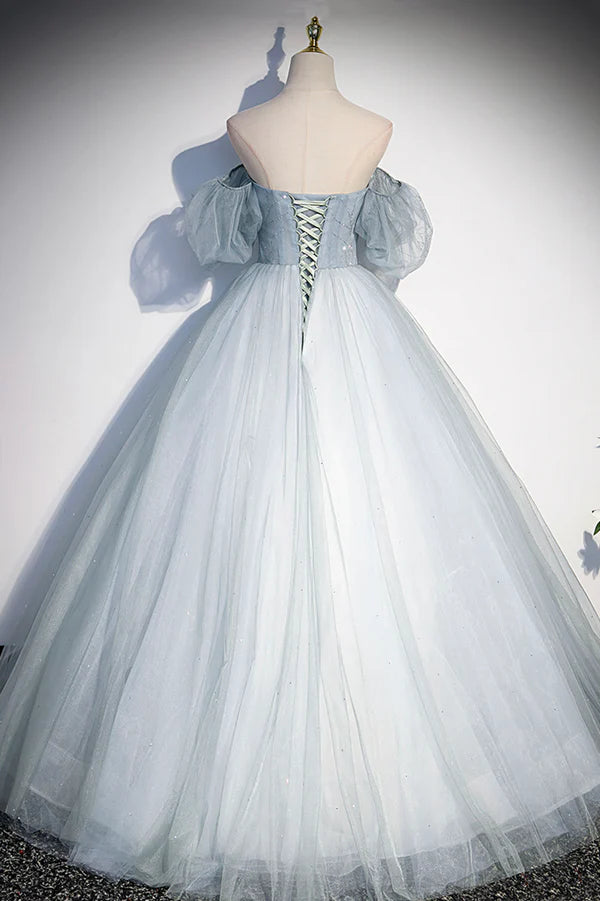 Blue Tulle Long A-Line Ball Gown Off the Shoulder Formal Evening Dress