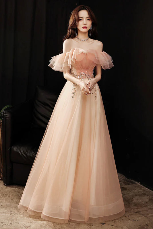 Pink Tulle Long A-Line Prom Dress with Sequins Off the Shoulder Evening Party Dress