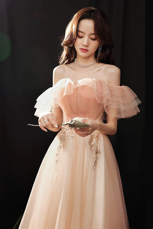 Pink Tulle Long A-Line Prom Dress with Sequins Off the Shoulder Evening Party Dress