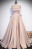 Pink Satin Long A-Line Prom Dress Cute Spaghetti Strap Evening Dress with Bow