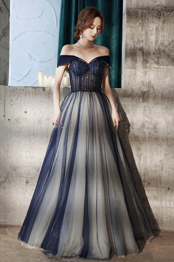 Blue Tulle Off the Shoulder Prom Dress A-Line Evening Graduation Dress