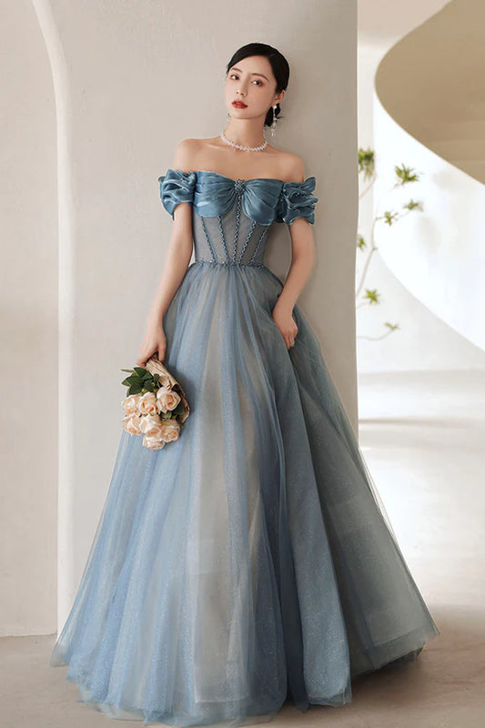 Blue Tulle Long A-Line Prom Dress Elegant Off the Shoulder Formal Evening Dress