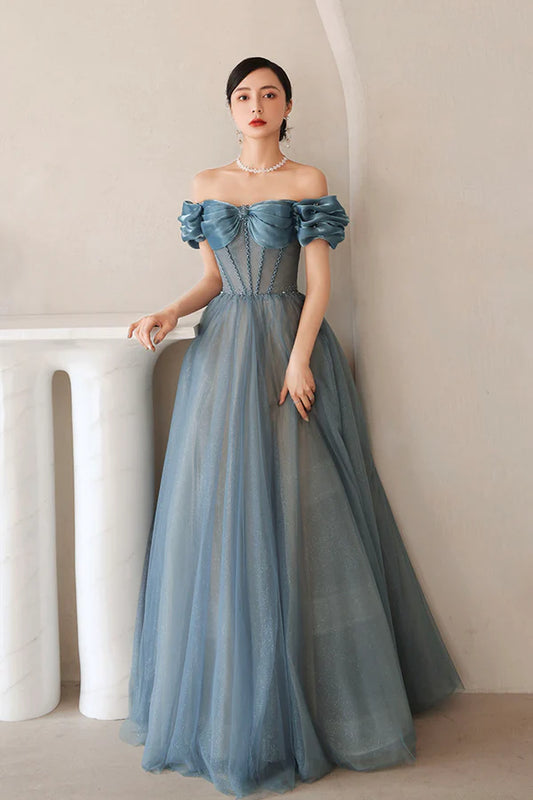 Blue Tulle Long A-Line Prom Dress Elegant Off the Shoulder Formal Evening Dress