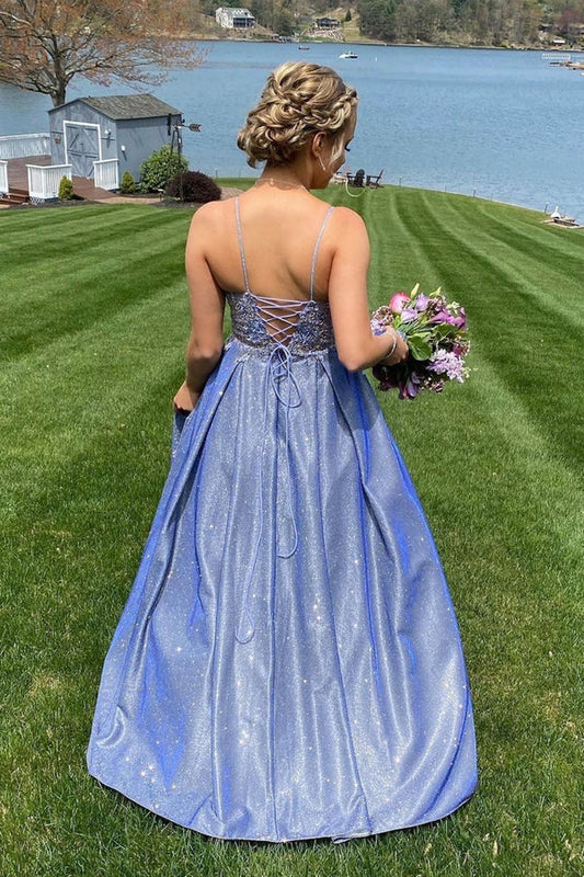 Blue V-Neck Long Prom Dress A-Line Spaghetti Strap Evening Dress