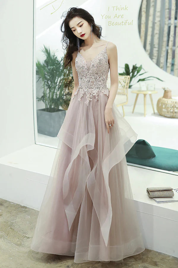 Pink Lace Long A-Line Prom Dress Pink Spaghetti Straps Evening Dress