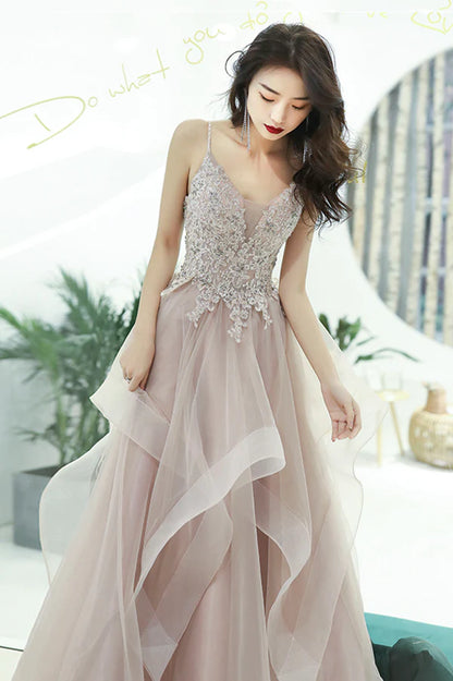 Pink Lace Long A-Line Prom Dress Pink Spaghetti Straps Evening Dress