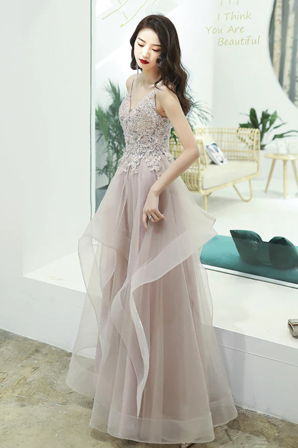 Pink Lace Long A-Line Prom Dress Pink Spaghetti Straps Evening Dress