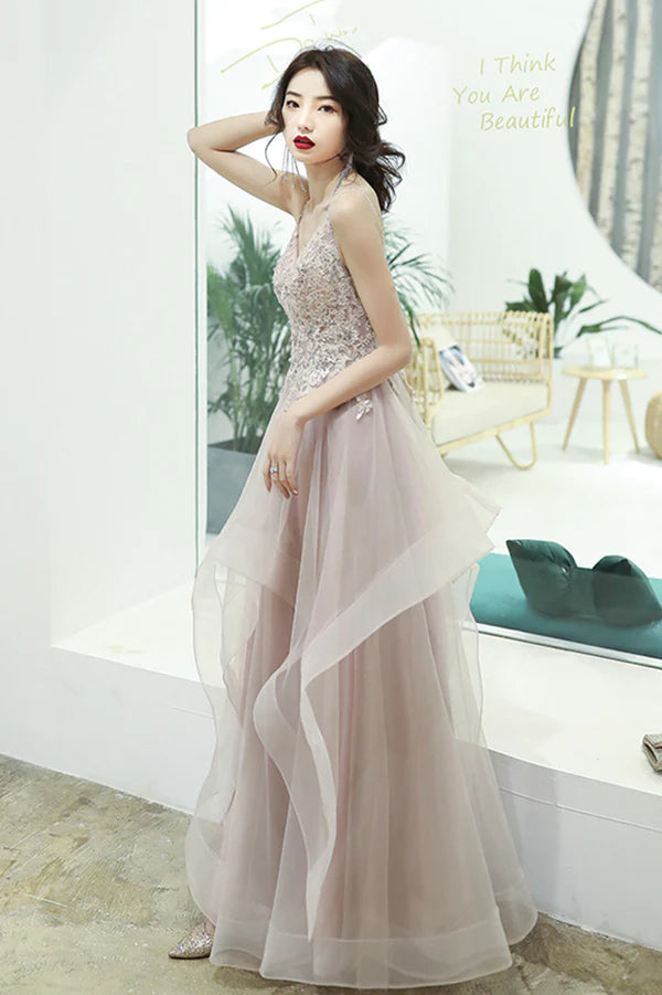 Pink Lace Long A-Line Prom Dress Pink Spaghetti Straps Evening Dress