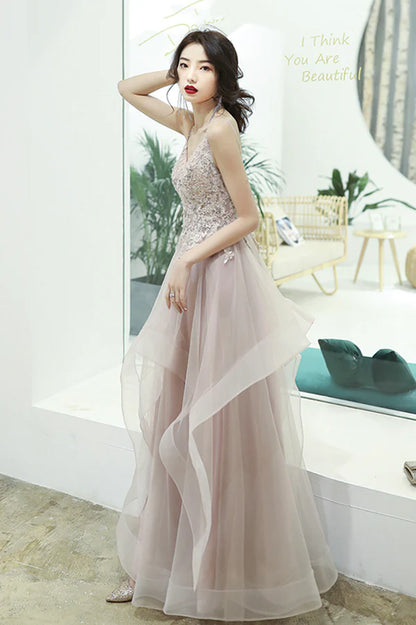 Pink Lace Long A-Line Prom Dress Pink Spaghetti Straps Evening Dress