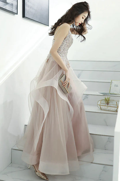 Pink Lace Long A-Line Prom Dress Pink Spaghetti Straps Evening Dress