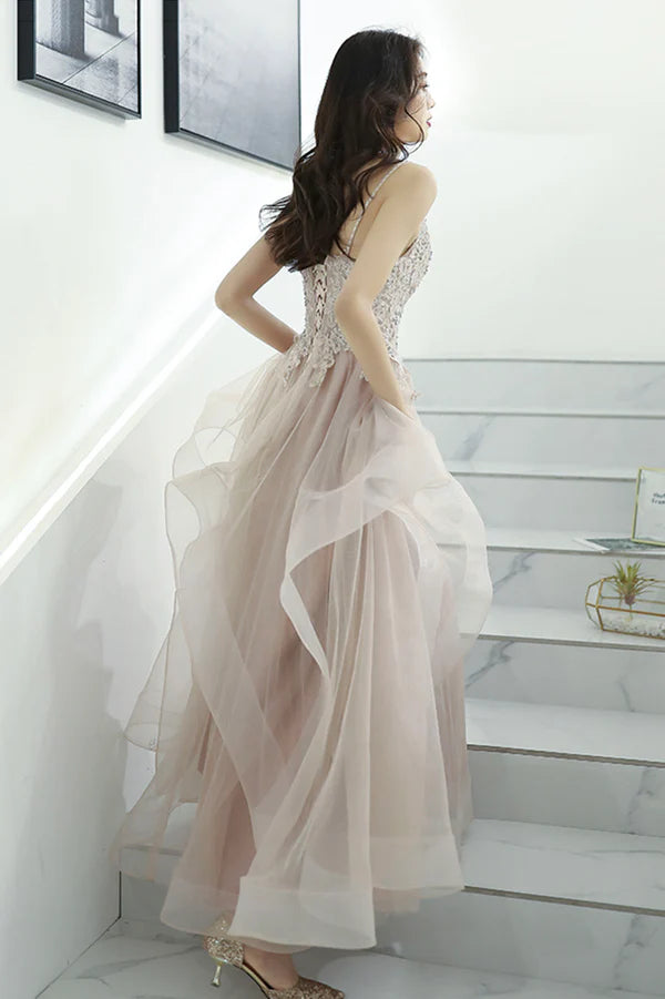 Pink Lace Long A-Line Prom Dress Pink Spaghetti Straps Evening Dress