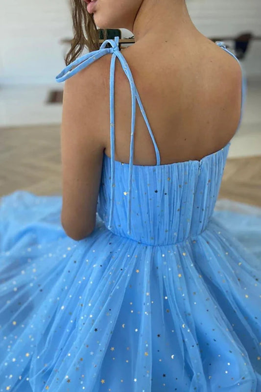 Blue Spaghetti Strap Tulle Knee Length Prom Dress Cute A-Line Homecoming Dress