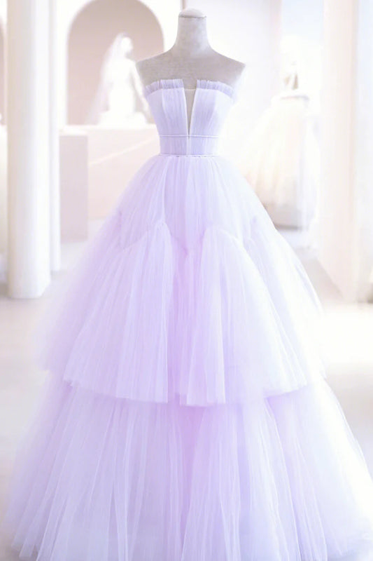 Purple Tulle Long A-Line Prom Dress A-Line Strapless Evening Gown