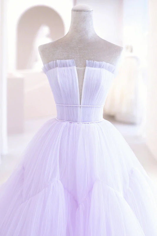 Purple Tulle Long A-Line Prom Dress A-Line Strapless Evening Gown