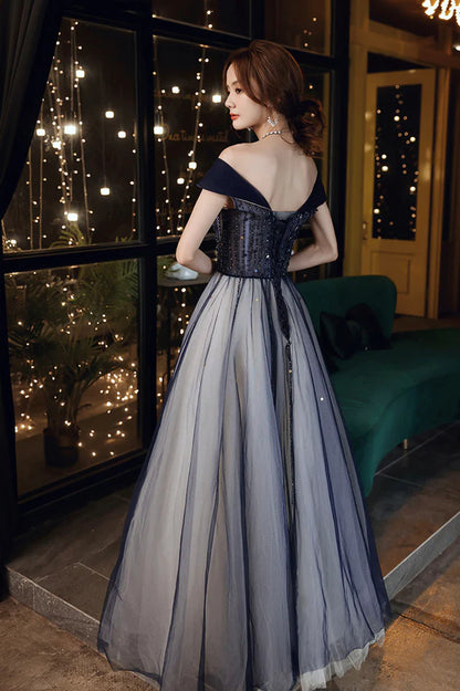 Blue Tulle Off the Shoulder Prom Dress A-Line Evening Graduation Dress