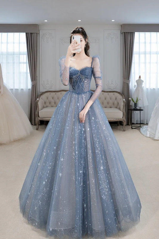 Blue Tulle Beaded Long Prom Dress A-Line Long Sleeve Evening Dress