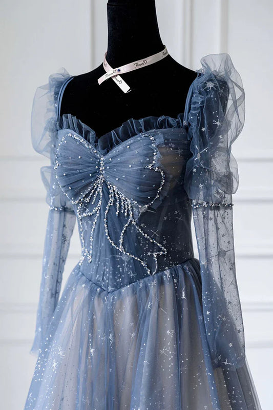 Blue Tulle Beaded Long Prom Dress A-Line Long Sleeve Evening Dress