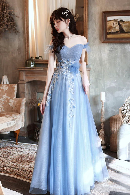 Blue Tulle Long A-Line Prom Dress Blue Off the Shoulder Evening Party Dress