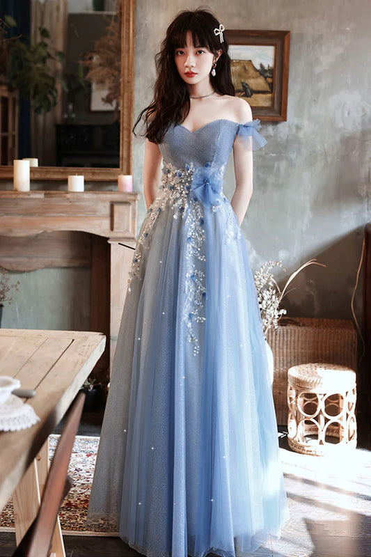 Blue Tulle Long A-Line Prom Dress Blue Off the Shoulder Evening Party Dress