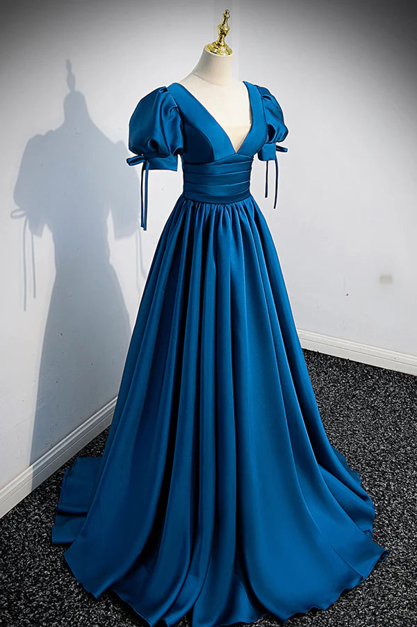 Blue V-Neck Satin Long Prom Dress A-Line Short Sleeve Evening Dress