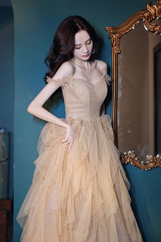 A-Line Tulle Long Prom Dress with Sequins Spaghetti Straps Evening Dress