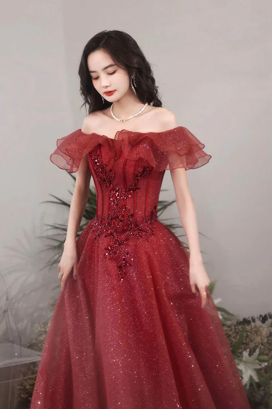 Burgundy Lace Long A-Line Prom Dress Off the Shoulder Evening Party Dress