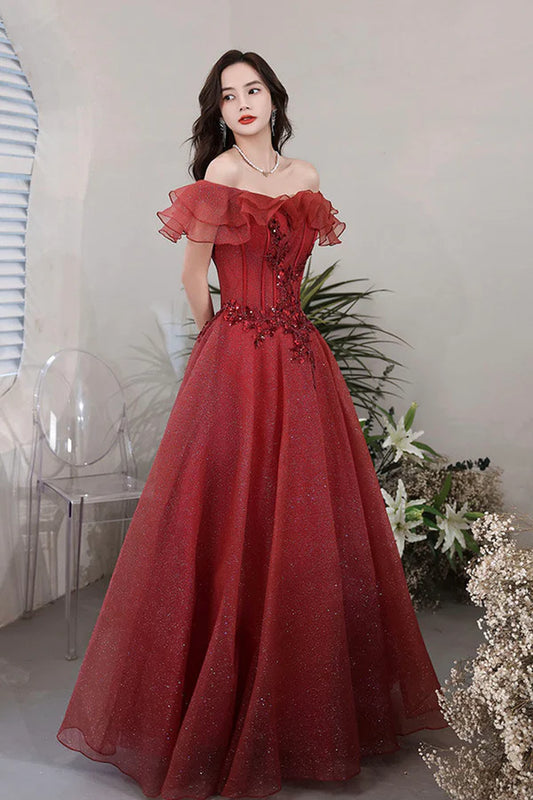 Burgundy Lace Long A-Line Prom Dress Off the Shoulder Evening Party Dress