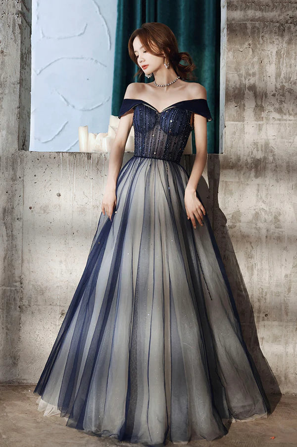 Blue Tulle Off the Shoulder Prom Dress A-Line Evening Graduation Dress