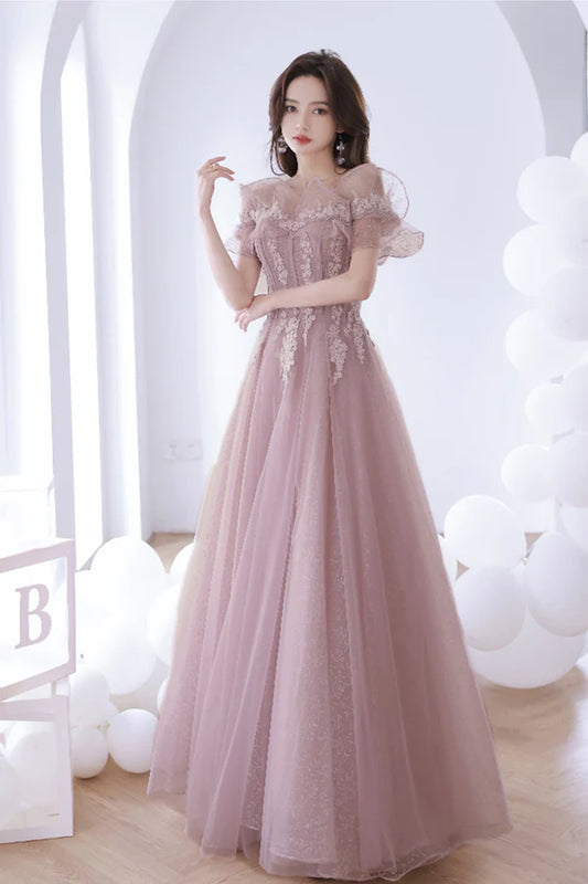 Pink Lace Off the Shoulder Prom Dress Cute Pink Graduation Dress