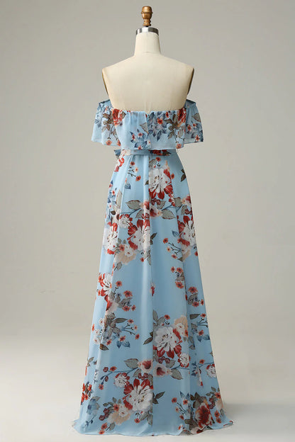 Dark Blue Floral Boho Chiffon Long Bridesmaid Dress