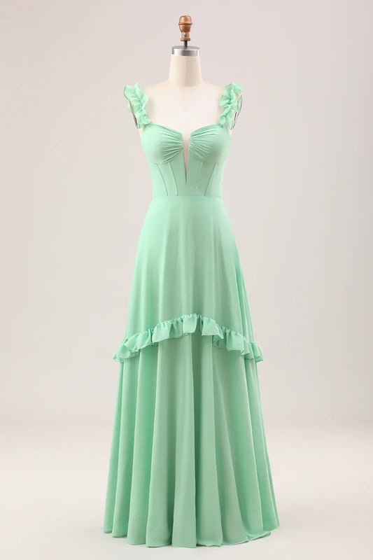 Green A Line Off The Shoulder Corset Bridesmaid Dress With Ruffles