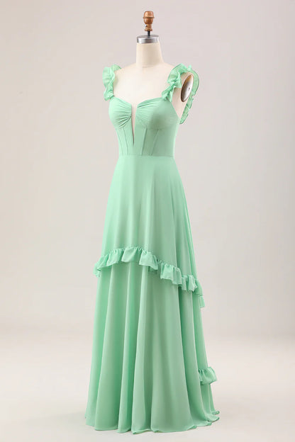 Green A Line Off The Shoulder Corset Bridesmaid Dress With Ruffles