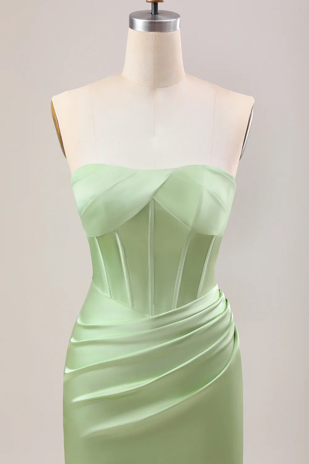 Green Sheath Corset Strapless Long Bridesmaid Dress With Slit