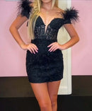 Buyishang Black Feather Homecoming Dress with Appliques