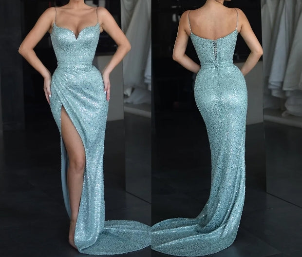 Buyishang Sheath/Column V-neck Sequined Sweep Train Prom Dresses With Split Front