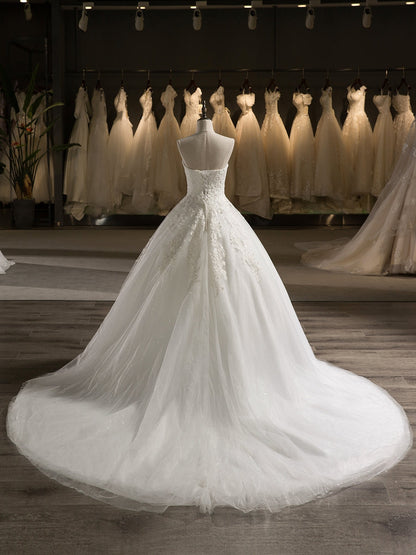 Strapless Sleeveless Tulle Embroidery With Beading Court Train Ball Gown Wedding Dresses