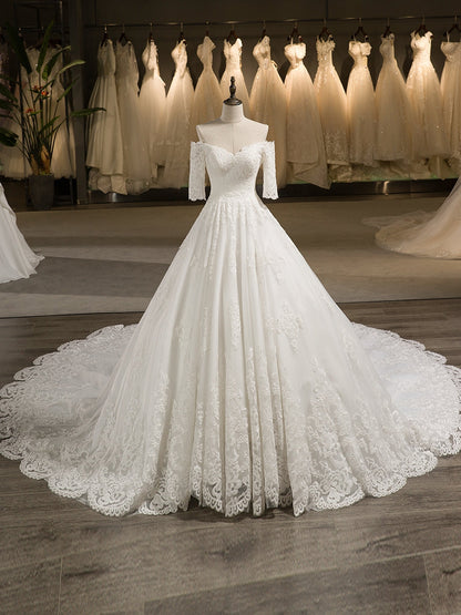 The-Shoulder Half Sleeve Tulle Applique With Lace Court Train Ball Gown Wedding Dresses