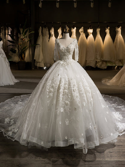 V-Neck Half Sleeves Tulle Applique With Beading Cathedral Train Ball Gown Wedding Dresses